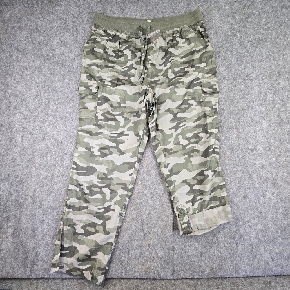 Woman Within Cargo Pants Women 20W Green Camo Relaxed Roll-Tab Hem
